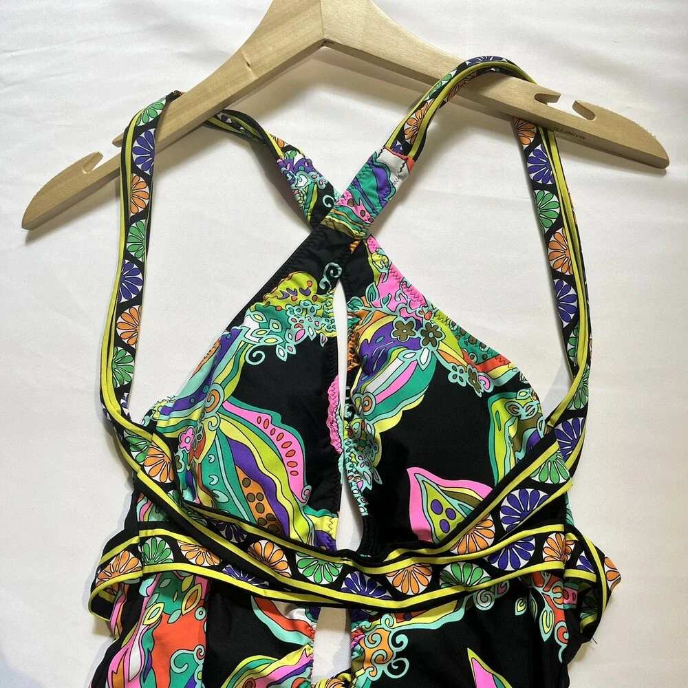 Trina Turk Sea Garden Print Black One Piece Swimsuit 4 Plunge Halter Back Tie